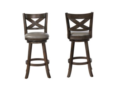 2Pc Beautiful Elegant Upholstered Swivel Chair Bar Stool Faux Leather Upholstery Padded Back Kitchen Dining Rustic Gray