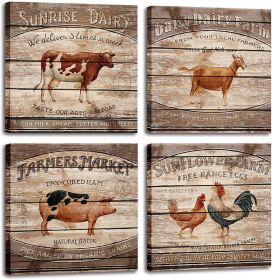 Vintage Animals Canvas Wall Art Farm Pictures Cute Cow Sheep Pig Rooster Painting for Home Dining Room Kitchen Farmhouse Decoration