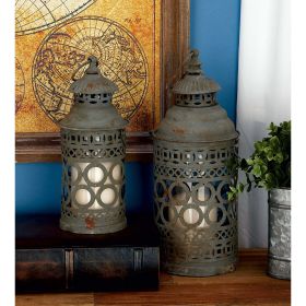 DecMode 2 Holder Black Metal Decorative Candle Lantern with Intricate Scroll Work, Set of 2