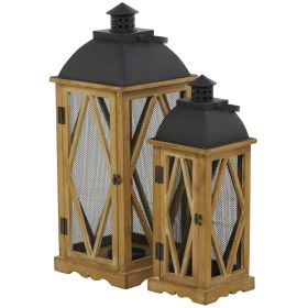 DecMode 2 Holder Brown Wood Lighthouse Style Decorative Candle Lantern, Set of 2