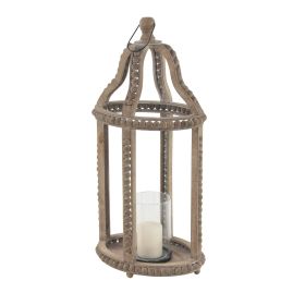 DecMode Brown Reclaimed Wood Beaded Decorative Candle Lantern