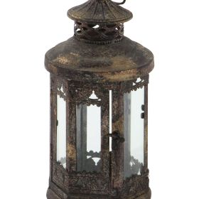 DecMode Brown Metal Decorative Candle Lantern with Intricate Scroll Work