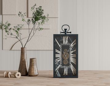 Decorative Black and Gold Roman Numeral Table Clock, Home Decor Gear Clock, 21" x 10"