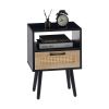 15.75" Rattan End table with drawer and solid wood legs; Modern nightstand; side table for living roon; bedroom; black