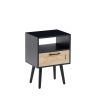 15.75" Rattan End table with drawer and solid wood legs; Modern nightstand; side table for living roon; bedroom; black